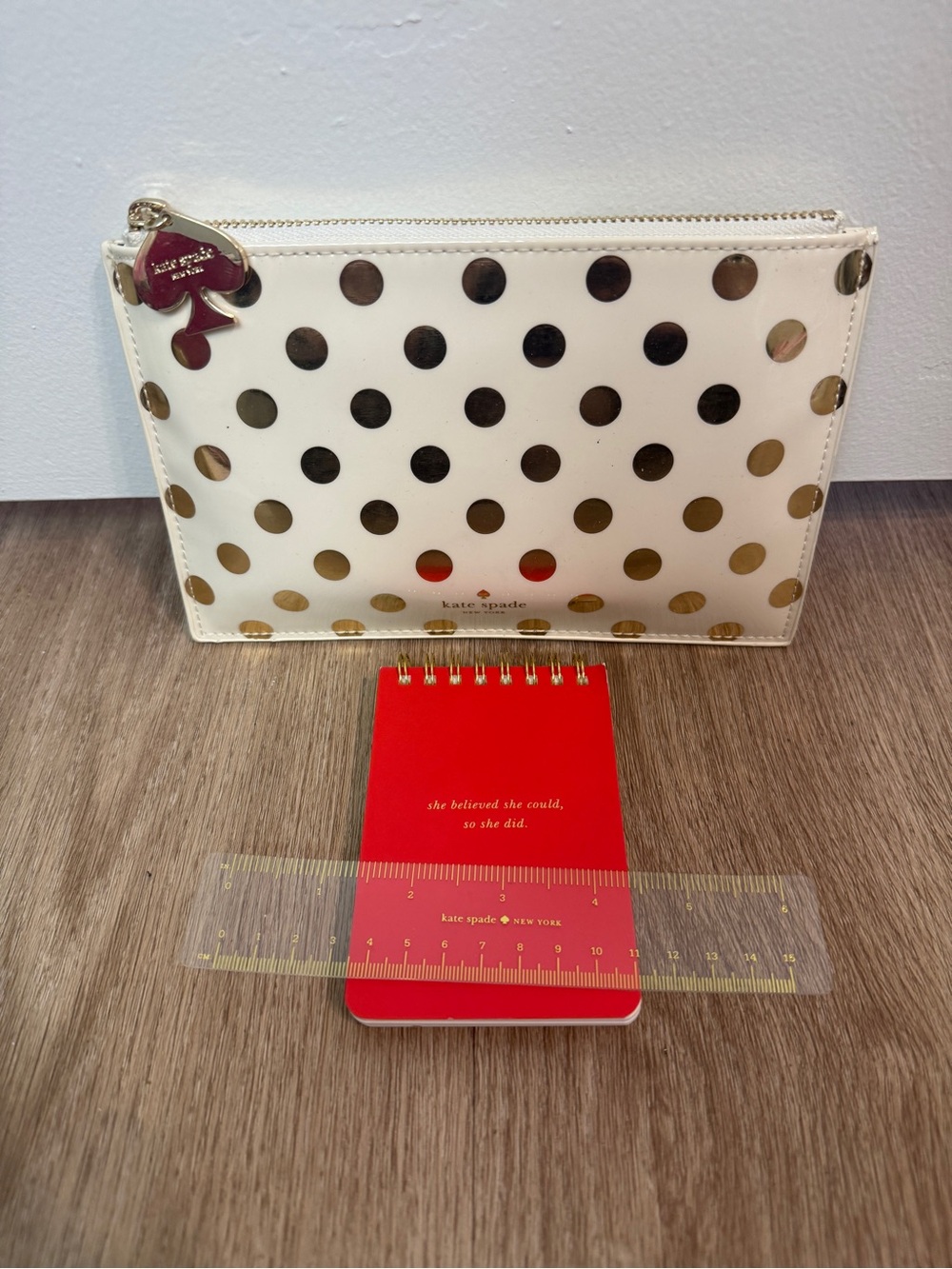 Limited edition Brand New Kate Spade White & Gold Polka Dot Pencil Case